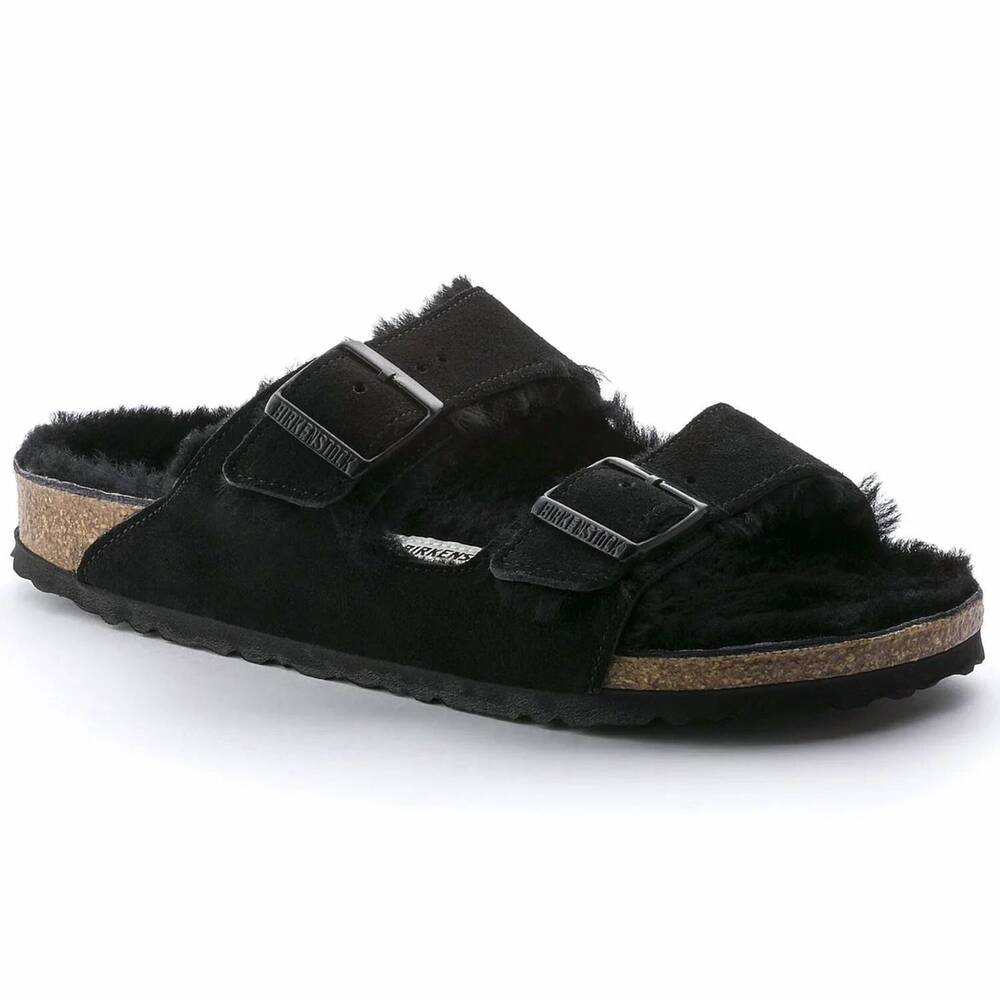 NEW BIRKENSTOCK arizona shearling suede leather sandals - unisex in black